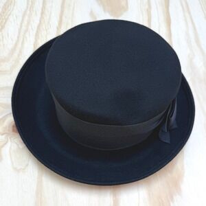 Eric Javits Black Wool Felt Boater Hat Grosgrain Bow Made in USA Bollman